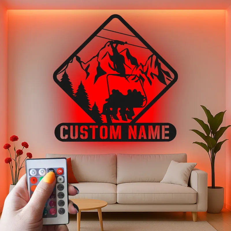 Custom Ski Lift Metal Sign | Personalized Mountain LED Wall Art | Ski Lodge Decor & Gift for Skiers