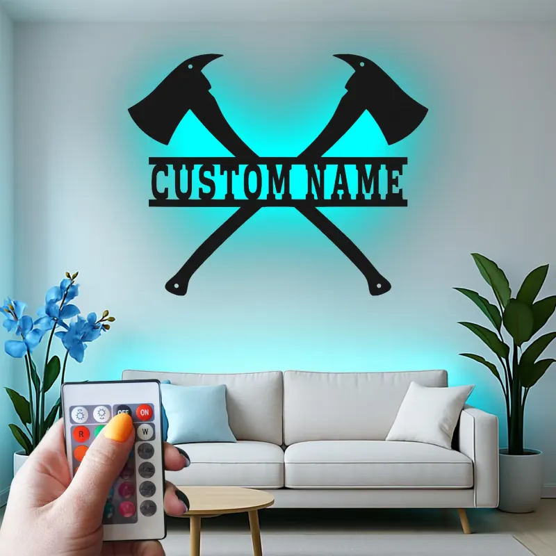 Custom Firefighter Axes LED Sign | Personalized Metal Name Art | Fire Station & Man Cave Decor | Fireman Gift