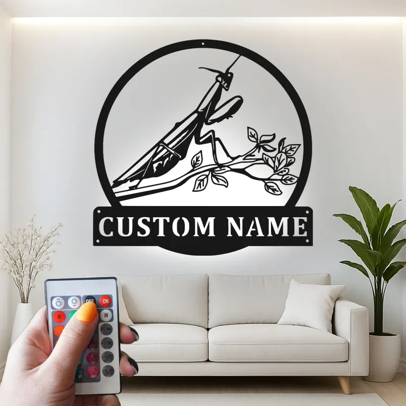 Praying Mantis LED Metal Art | Custom Name Sign for Garden Lovers | Realistic Insect Wall Decor
