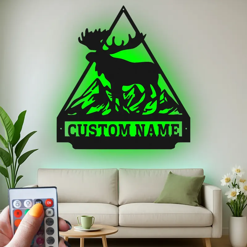 Custom Moose Mountain Led Light Metal Wall Art Personalized Cabin Gift Rustic Lodge Decor