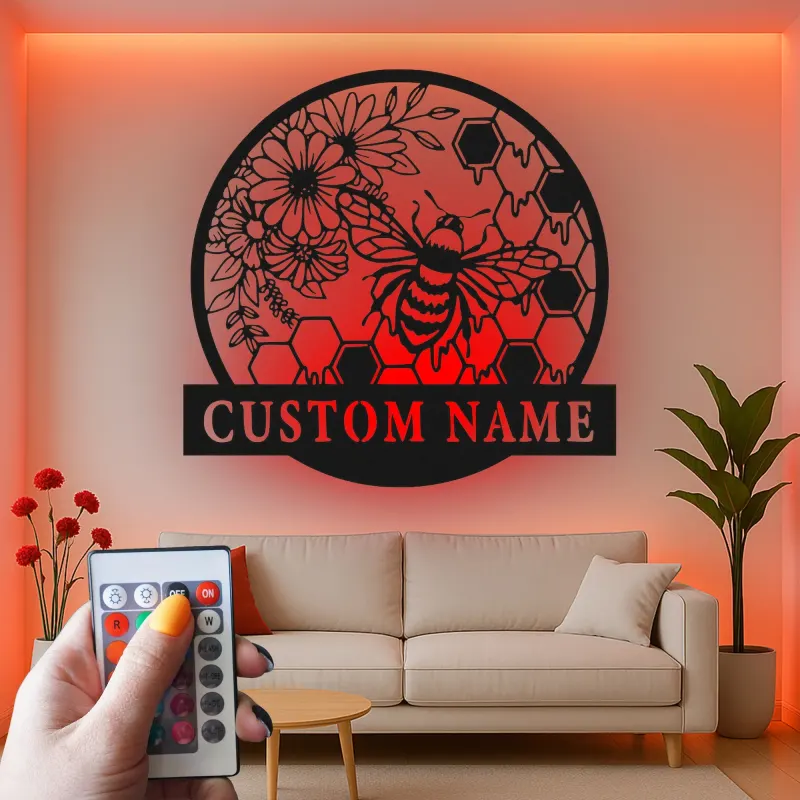Personalisierte Bienen und Blumen LED Licht Metall-Wandkunst Geschenk für Naturliebhaber Gartenraum Dekor