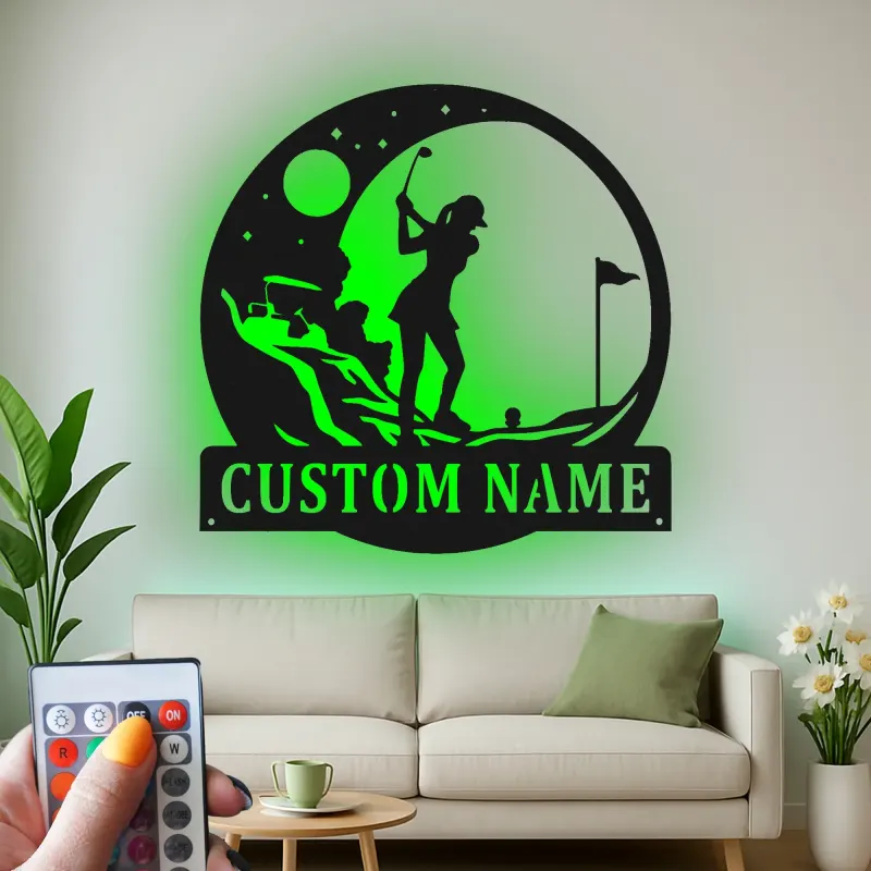 Personalized Golfer LED Sign | Custom Metal Wall Art for Home & Office | Golf Lover Gift