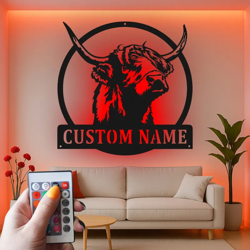 Highland Cow LED Metal Sign | Custom Name Wall Art | Rustic Farmhouse Decor for Rancher & Home Bar