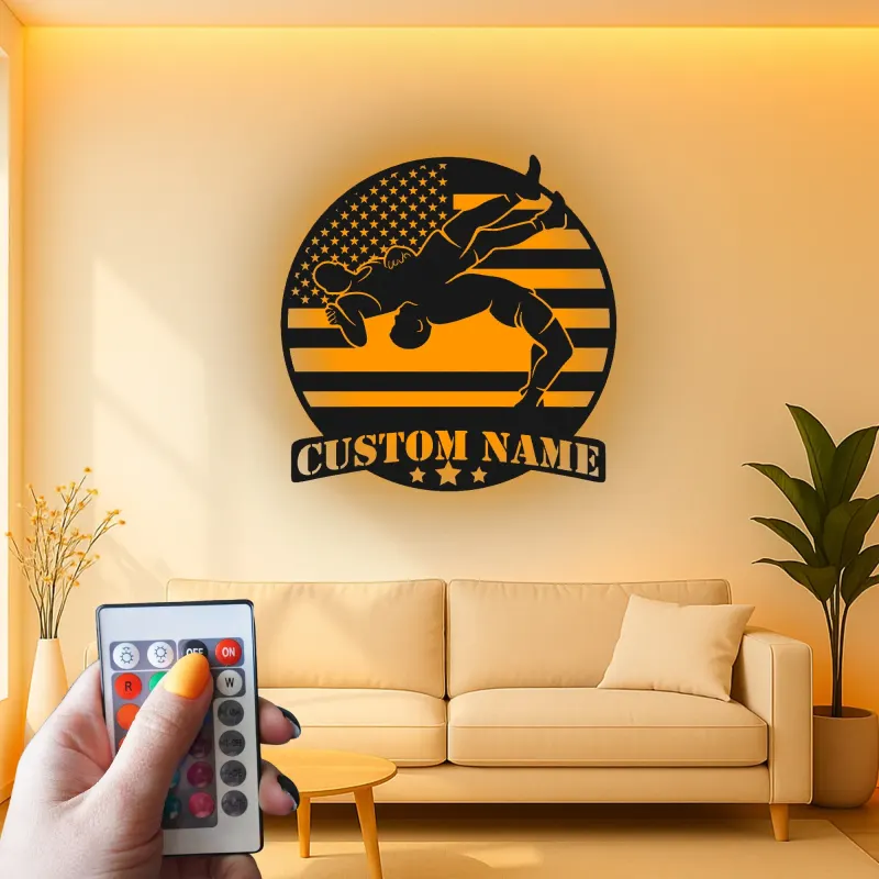 Décoration murale en métal personnalisée avec éclairage LED pour la lutte - Cadeau personnalisé pour lutteurs