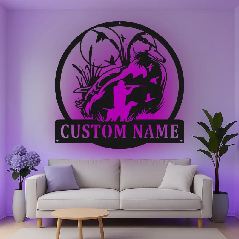 Insegna in metallo personalizzata con luce LED caccia anatre regalo per cacciatori decorazione per man cave o baita 1