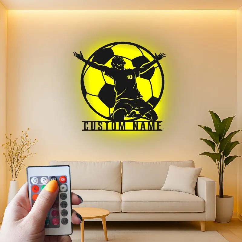 Panneau LED Personnalisé Joueur de Football | Décoration Murale en Métal Personnalisée | Décor de Salle de Jeux pour Athlète | Cadeau Fan de Football