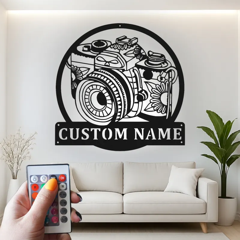 Personalisierte Vintage Kamera LED Licht Metall-Wandkunst Geschenk für Fotografen, Studio- oder Bürodekor