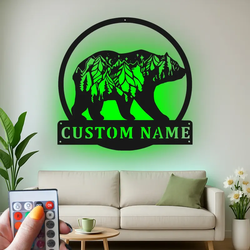 Custom Bear and Mountain Scene Led Light Metal Wall Art Personalized Nature Lover Gift Cabin Decor