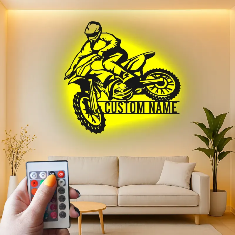 Personalisierte Metall-Wandkunst mit LED-Beleuchtung für Motocross-Fahrer – Geschenk für Dirtbike-Enthusiasten, Garage oder Spielzimmer Dekor