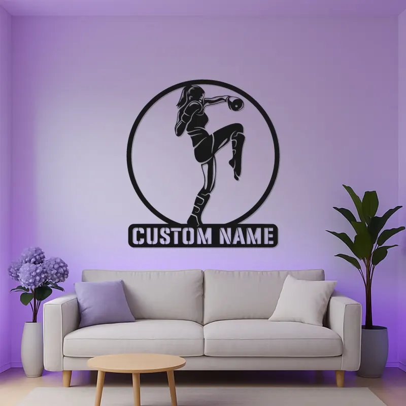 Insegna LED per fighter Muay Thai donna | Arte murale in metallo su misura | Decorazione personalizzata per kickboxing e regalo arti marziali