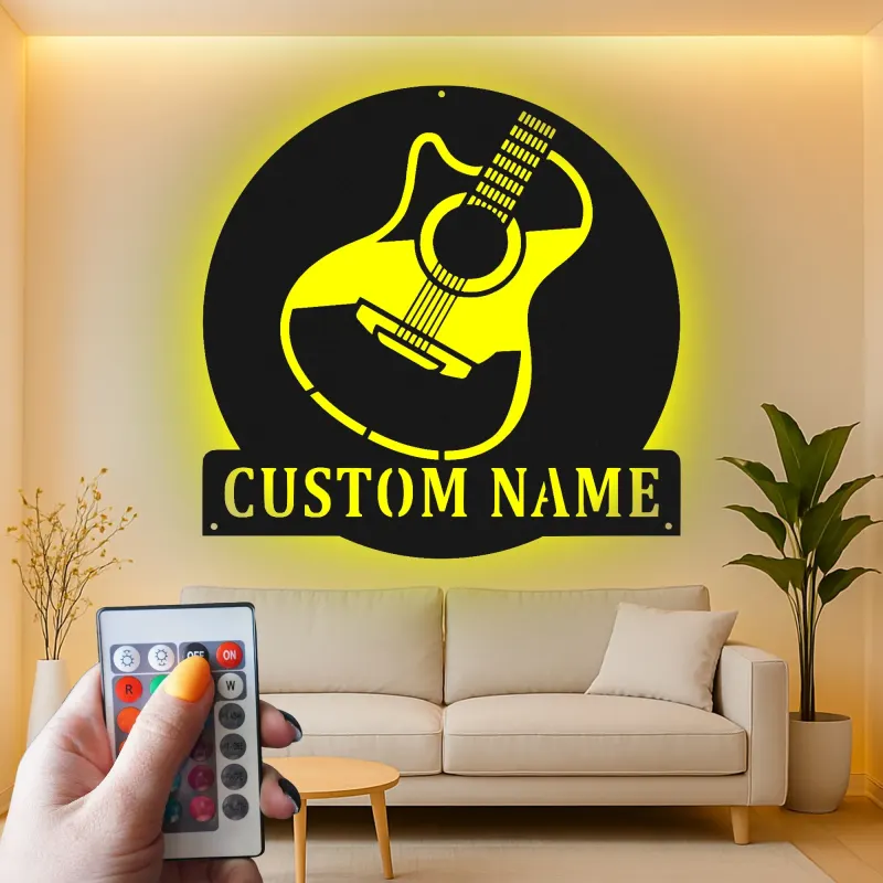 Letrero LED de guitarra personalizado | Decoración mural de metal personalizada para músicos | Decoración para estudio y sala de música con nombre