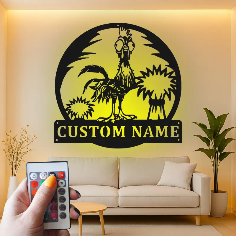 Cartel de Metal Personalizado de Gallo | Decoración LED Personalizada para Gallinero | Arte Mural Divertido para Granjero