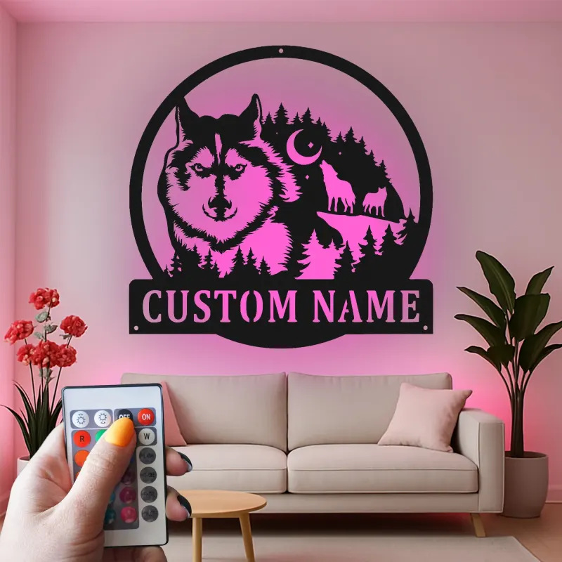 Custom Wolf Forest Scene Led Light Metal Wall Art Personalized Nature Lover Gift Rustic Cabin Decor