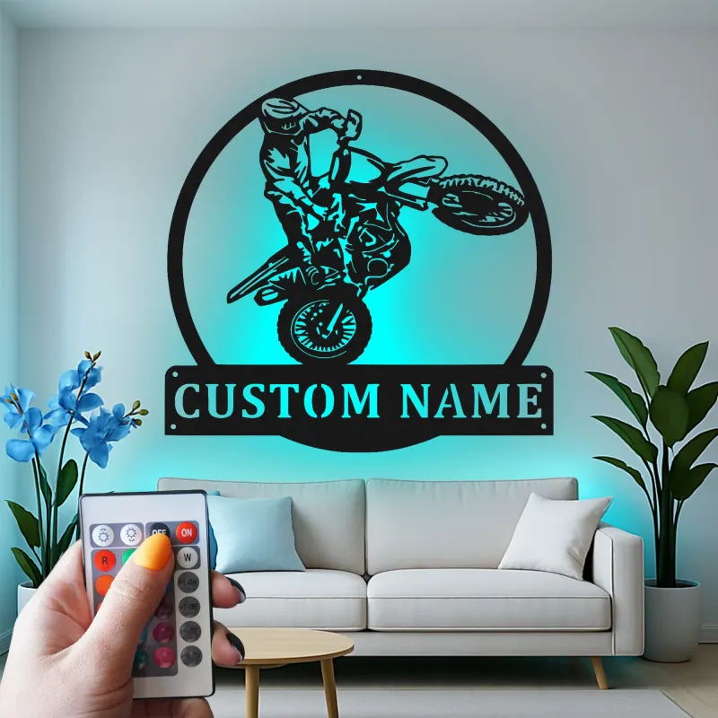 Custom Motocross Rider Led Light Metal Wall Art Personalized Gift for Dirt Bike Enthusiasts Garage Decor