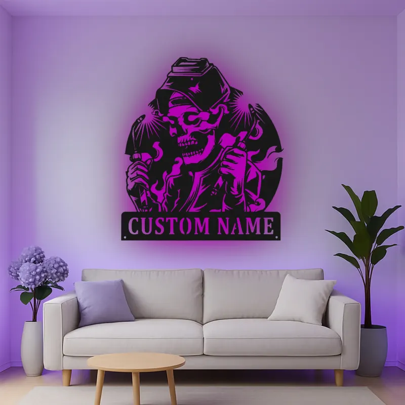 Personalisierte LED-Schädel Metall-Wandkunst – Einzigartiges Geschenk für Schweißer