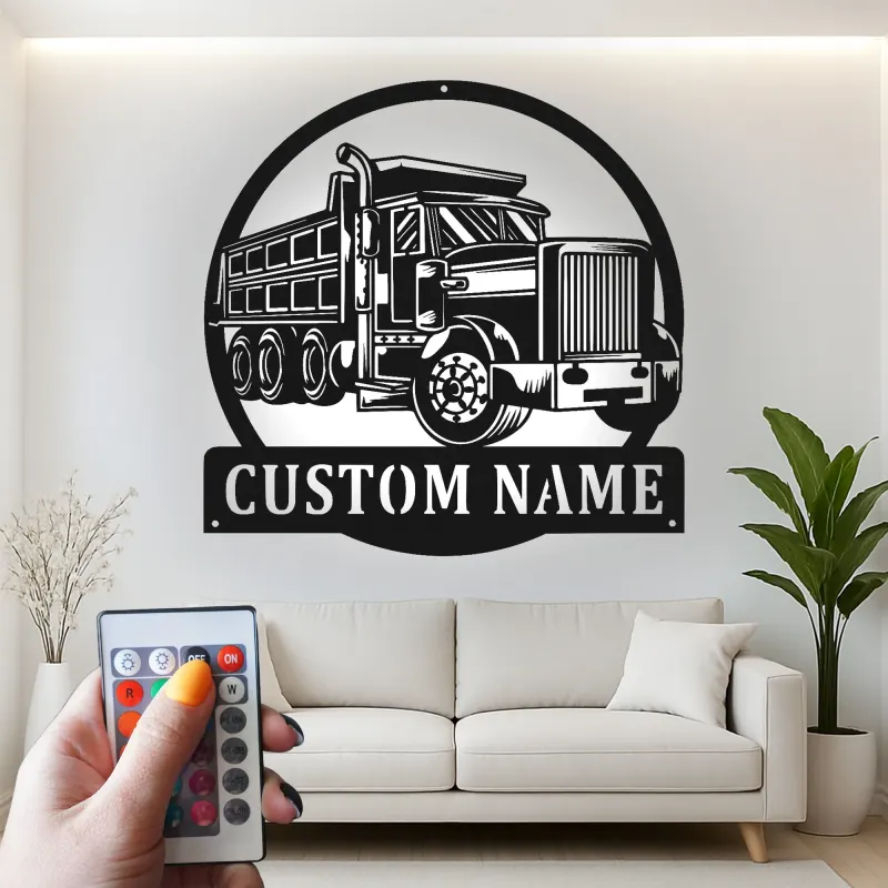 Décoration murale en métal LED personnalisée pour camion-benne - Cadeau pour passionnés de camions, décoration de garage ou de salle de jeux