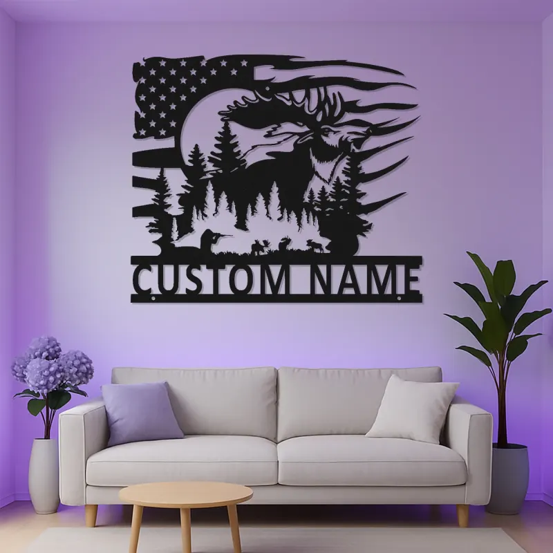 Insegna in metallo personalizzata con alce | Arte da parete faunistica LED con bandiera americana | Decorazione e regalo per cabin di cacciatori