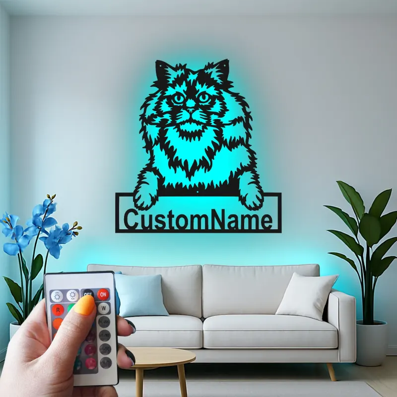 Cartel de metal LED de gato persa personalizado, regalo para amantes de mascotas, decoración para sala de estar
