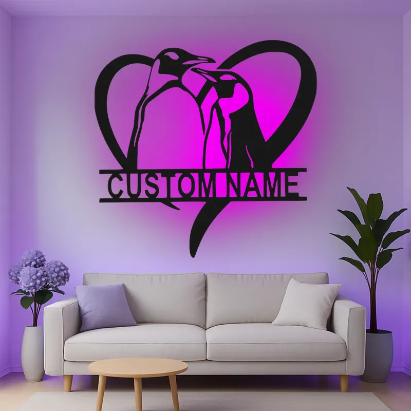 Custom Penguin Couple Led Light Metal Wall Art Romantic Gift for Couples Bedroom or Living Room Decor