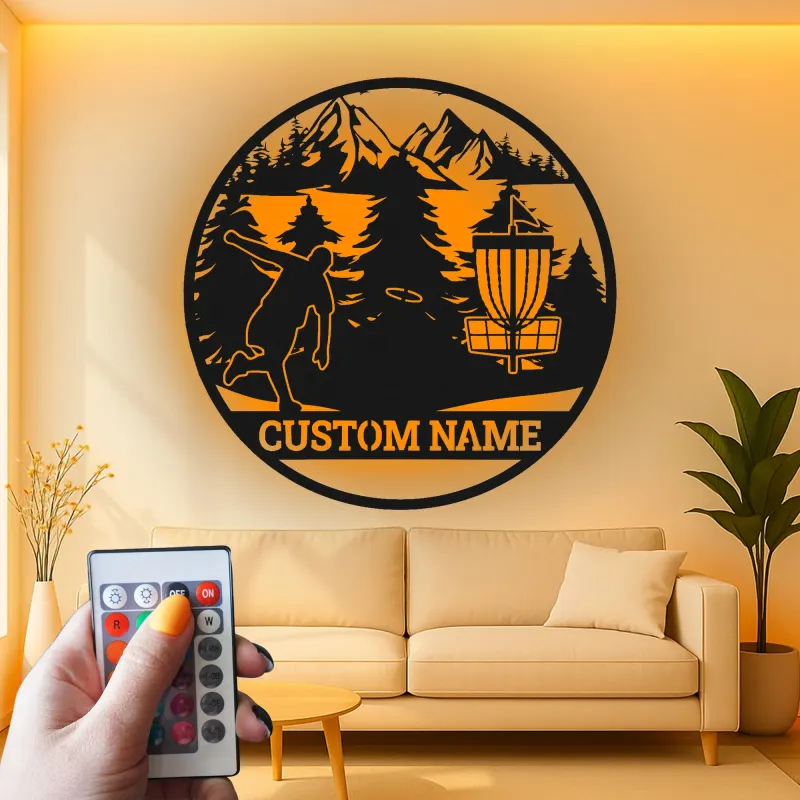 Décoration murale en métal LED personnalisée pour disc golf - Cadeau pour les golfeurs