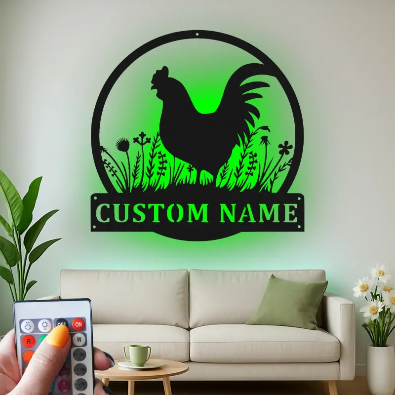 Insegna in metallo con gallo personalizzata con LED | Arte murale personalizzata per fattoria | Decorazione rustica per cucina e pollaio | Regalo per amanti dei polli