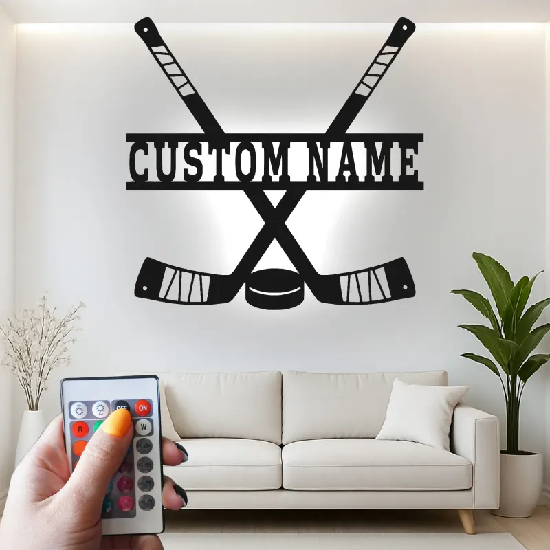 Panneau de hockey personnalisé pour mur | Décoration murale en métal sur mesure | Déco de salle de jeux et cadeau LED pour fan de sport