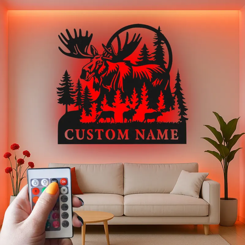 Custom Moose Family Metal Sign | LED Wall Art for Cabin & Lodge Decor | Personalized Rustic Wildlife Nature Lover Gift