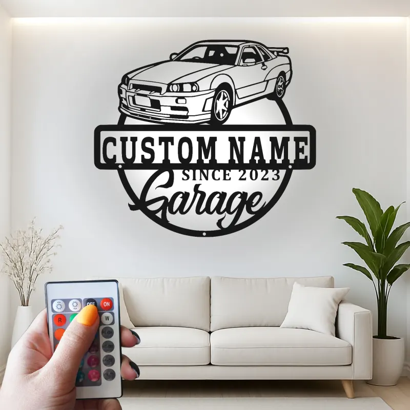 Décoration murale en métal personnalisée en forme de voiture de garage avec rétroéclairage LED - Cadeau pour passionnés de voitures