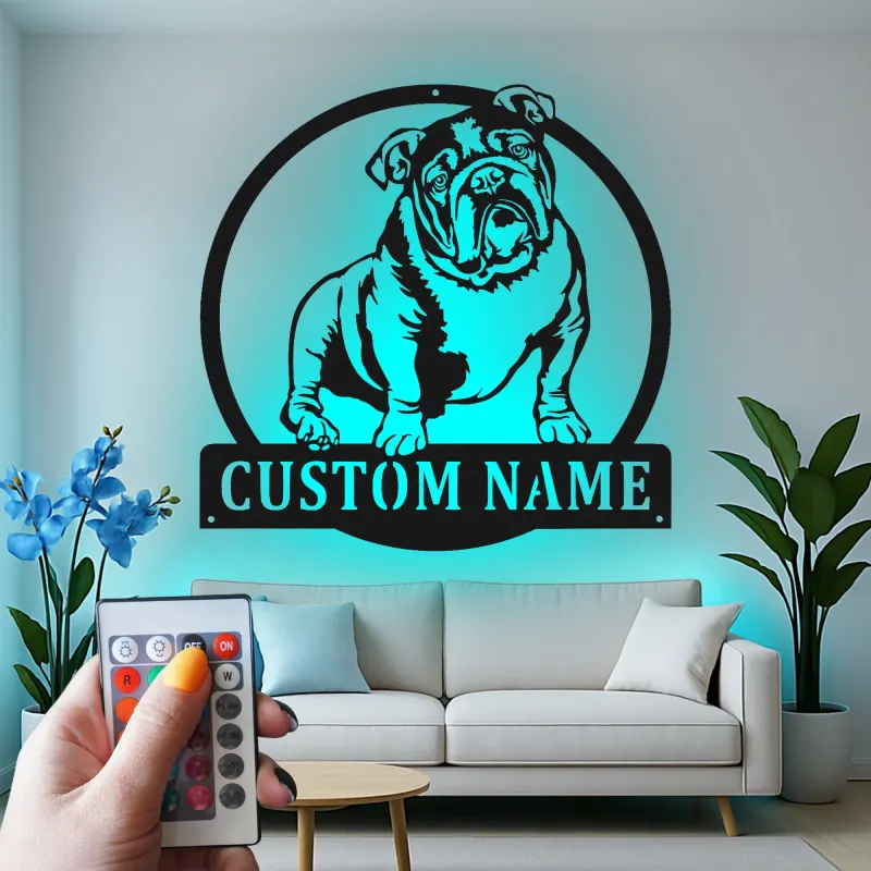 Insegna in metallo LED personalizzata con bulldog - Regalo per amanti dei cani e decorazione per soggiorno