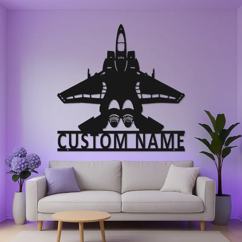 Plaque LED personnalisée avion de chasse en métal | Décoration murale personnalisée | Cadeau pour pilote militaire | Déco avion pour man cave