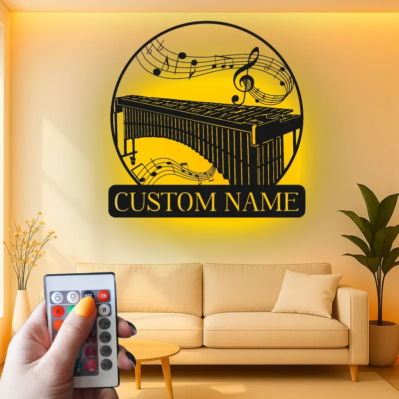 Arte in Metallo Personalizzata per Marimba | Decorazione per Stanza Musicale con Luce LED | Insegna con Nome Personalizzata per Studio