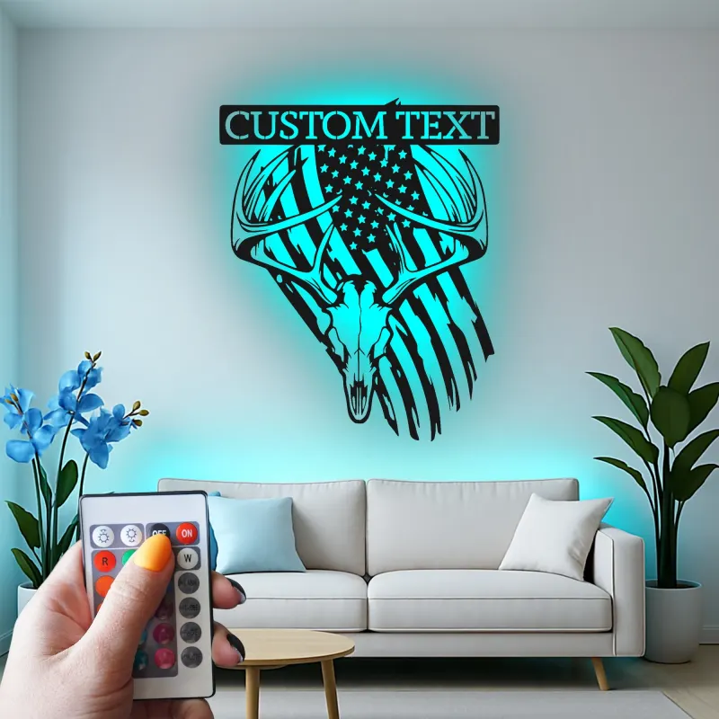 Custom Deer Skull with American Flag Led Light Metal Wall Art Personalized Gift for Hunter Rustic Man Cave Decor