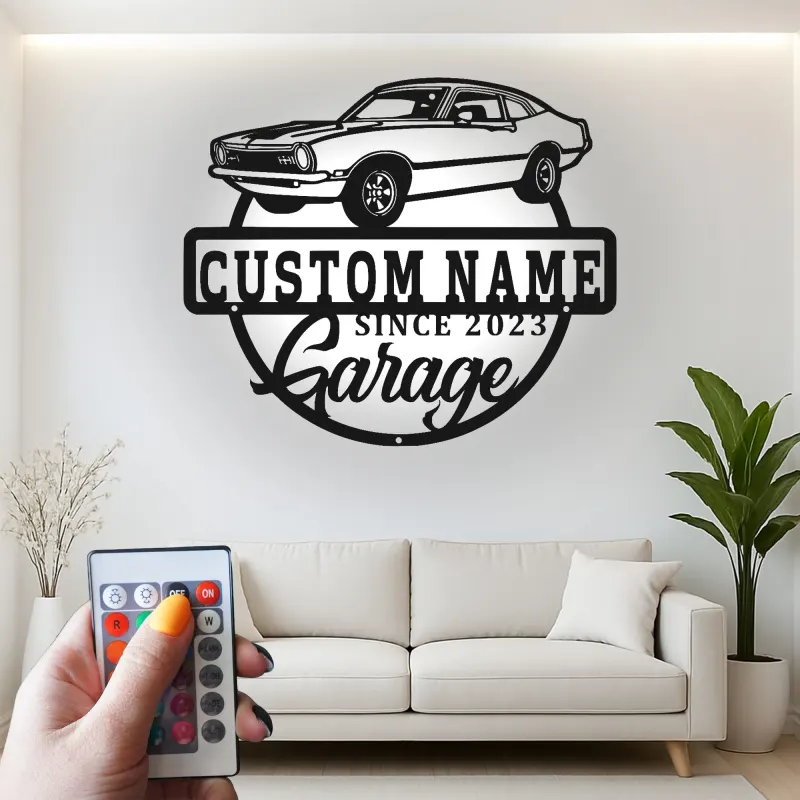 Décoration murale en métal personnalisée avec rétroéclairage LED de voiture classique - Cadeau de garage pour lui