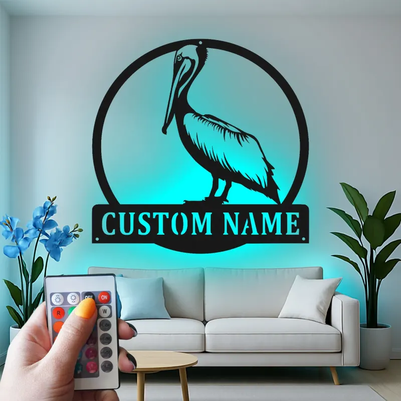 Panneau en métal LED personnalisé de pélican | Art mural côtier | Décor de maison de plage personnalisé | Cadeau en silhouette d'oiseau nautique