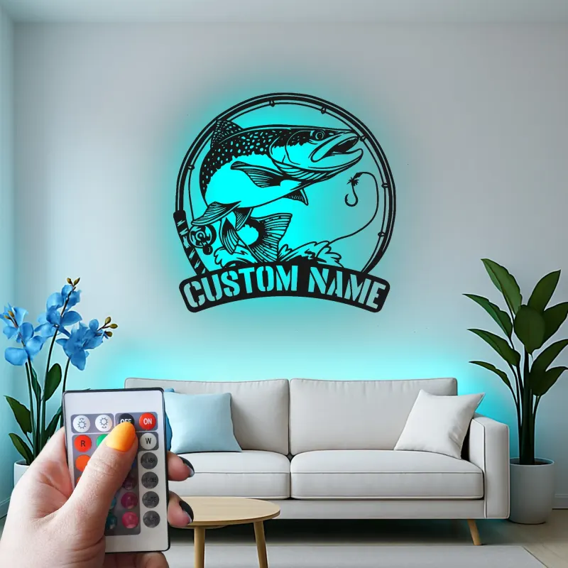 Panneau de pêche personnalisé avec LED | Décoration murale en métal sur mesure | Déco de maison de lac et salle de loisirs | Cadeau pour pêcheur