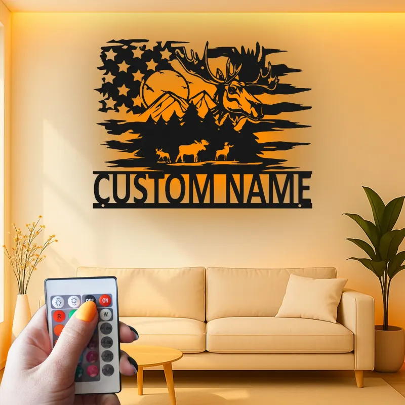 Personalisierte Elchfamilie Metall-Schild | Rustikale LED-Wandkunst für Kabine & Lodge | Individuelle Namens Berg-Deko