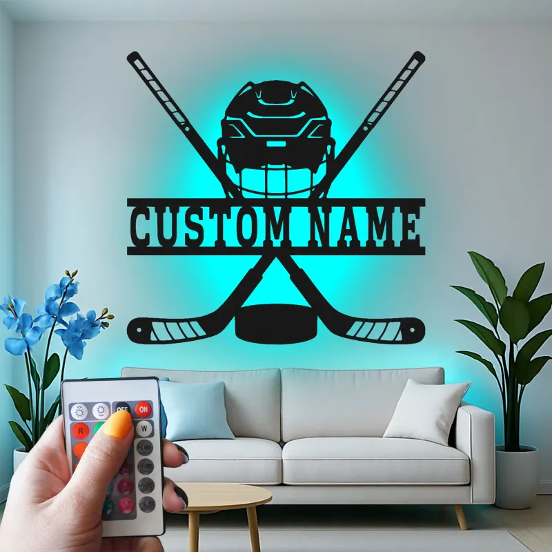 Enseigne personnalisée de hockey | Décoration murale LED en métal | Déco personnalisée pour joueur, salle de jeux | Cadeau fan de sport