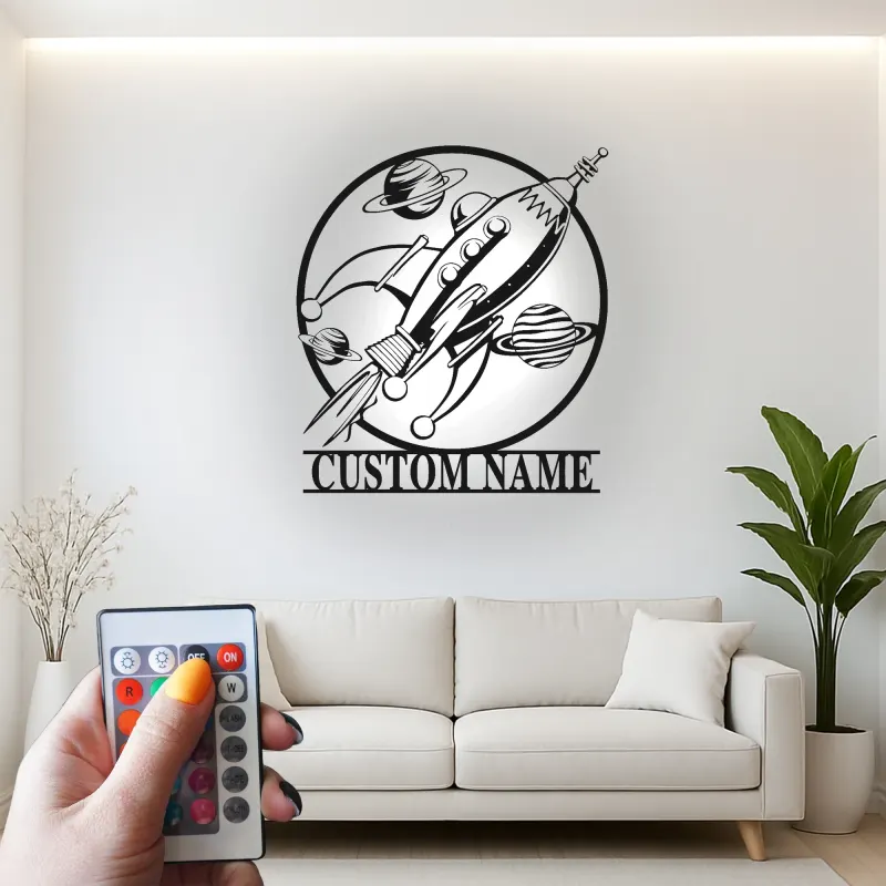 Personalisierte Rakete LED-Licht | LED-Metallwandkunst für Kinderzimmer | Vintage Weltraum Dekor für das Kinderzimmer