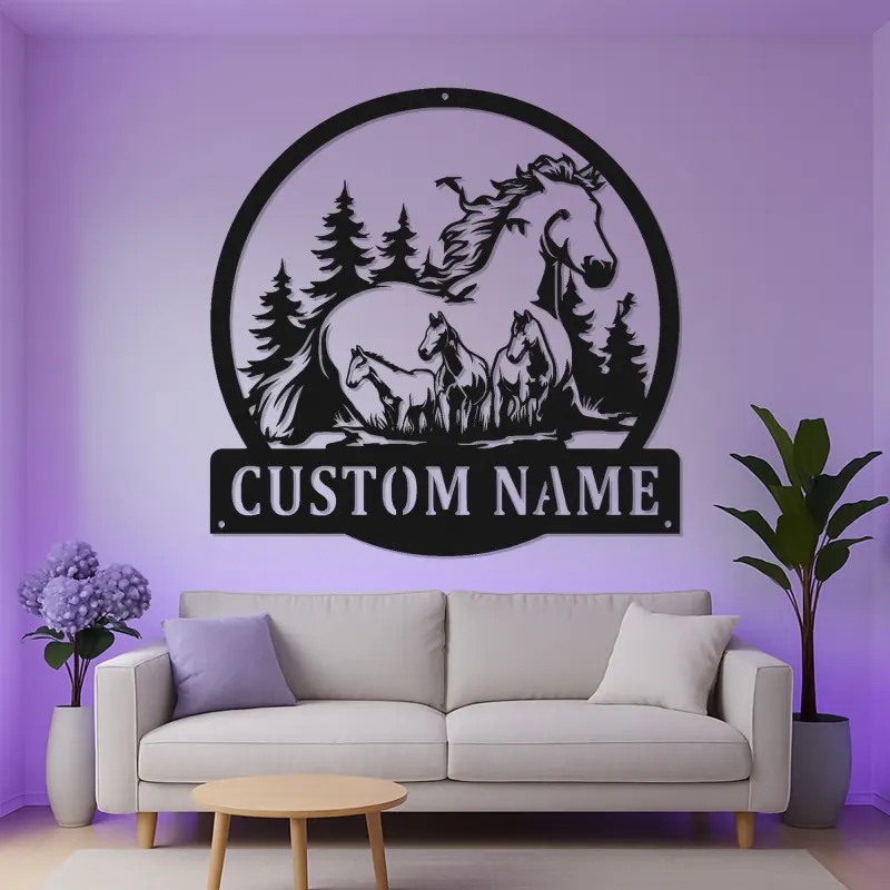 Letrero familiar de caballos personalizado | Decoración mural LED de metal | Decoración ecuestre a medida para casa de campo | Regalo para amantes de los caballos