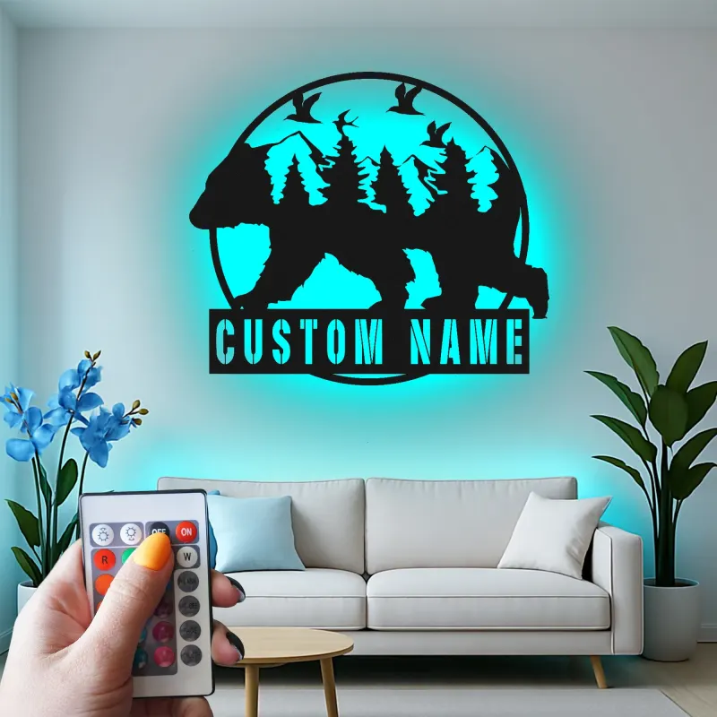 Custom Bear Forest Led Light Metal Wall Art Personalized Gift for Nature Lovers Cabin or Lodge Decor 1