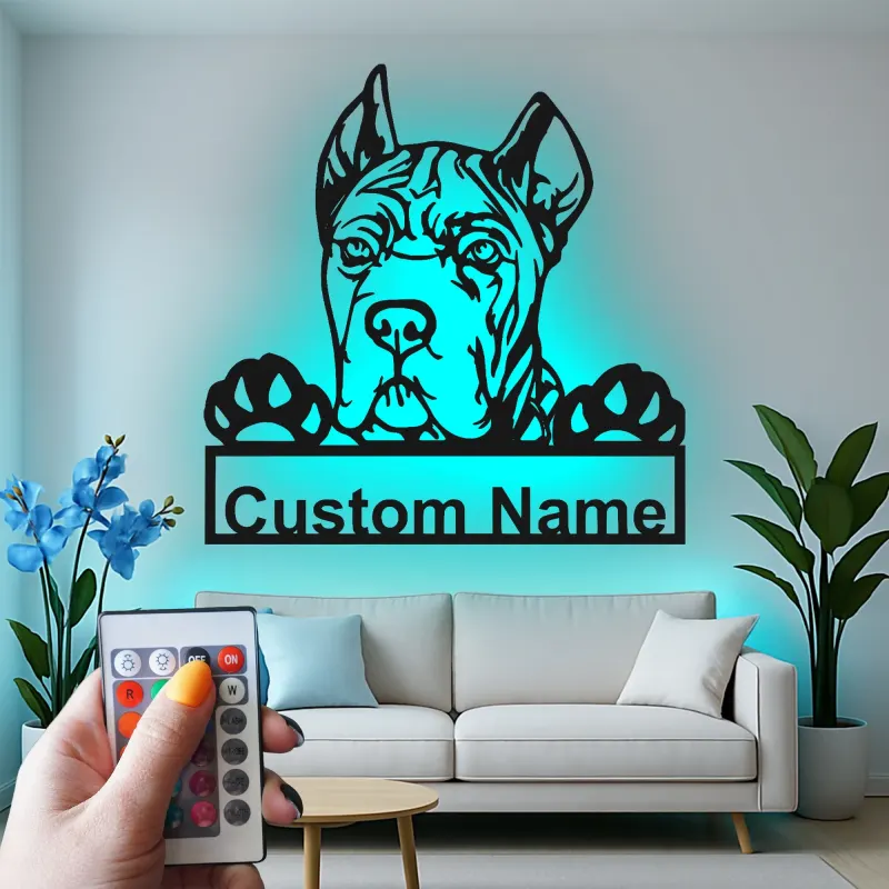 Décoration murale en métal personnalisée avec chien Boxer et rétroéclairage LED - Cadeau pour les amoureux des animaux, décoration pour salon ou espace pour animaux