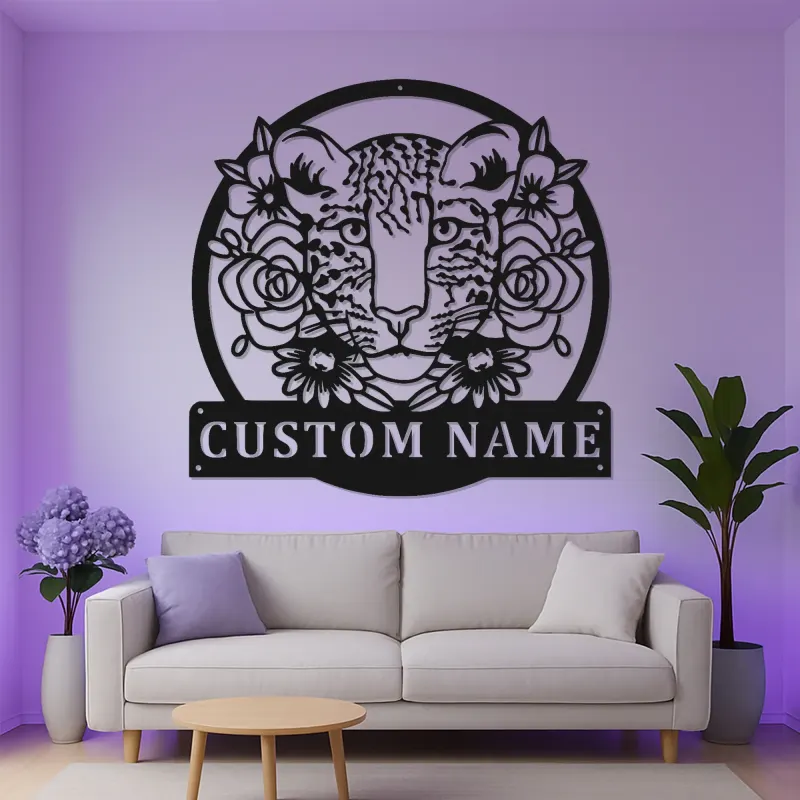 Personalisierte Tigerkopf LED-Leuchte | Florale Metall-Wandkunst | Dschungel-Kinderzimmer Dekoration | Individuelles Geschenk für Tierliebhaber