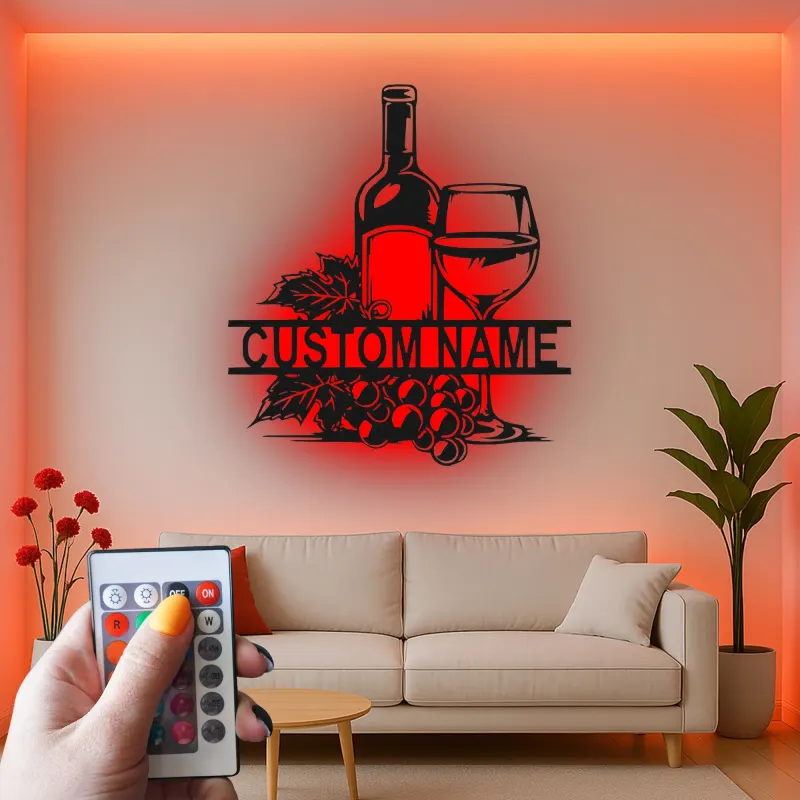 Décoration murale en métal personnalisée avec bouteille de vin et verre en rétroéclairage - Cadeau pour les amateurs de vin, décoration de cuisine ou de bar
