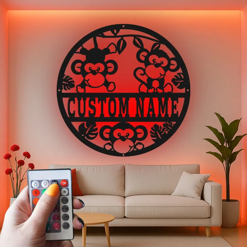 Cartel de nombre de mono personalizado | Arte mural de metal LED para guardería | Decoración de animales de la jungla para la habitación infantil | Regalo de baby shower personalizado
