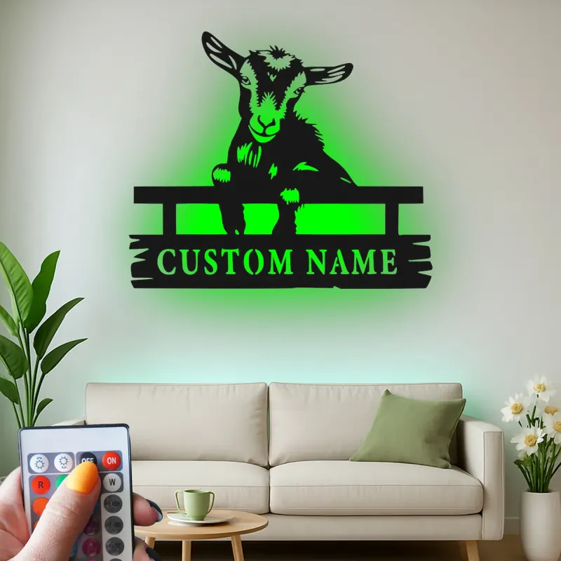 Letrero de metal LED de cabra personalizado | Decoración farmhouse personalizada | Arte mural rústico de granja para agricultores