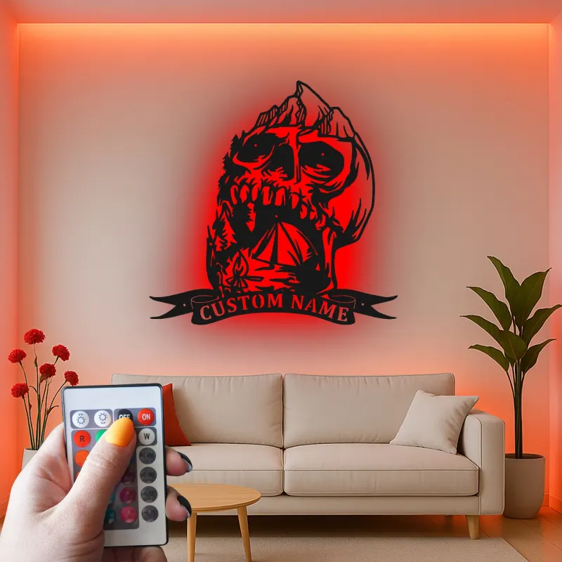 Custom Skull Mountain LED Sign | Personalized Metal Wall Art | Gothic Outdoor & Camper Decor | Rustic Cabin Gift