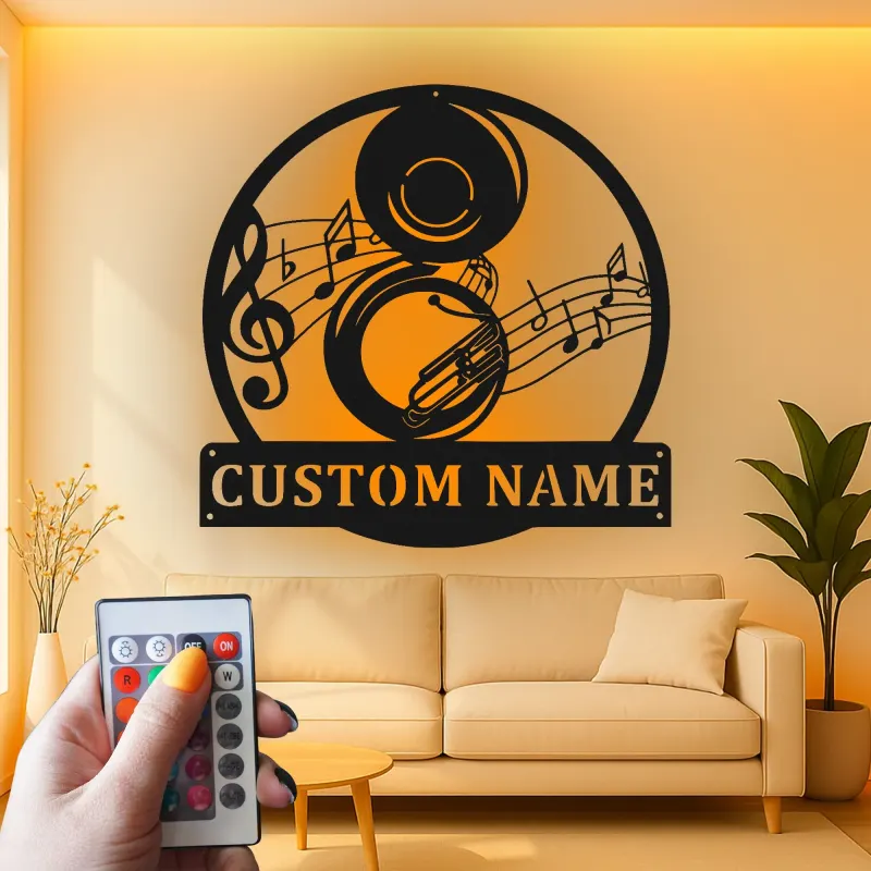 Panneau en métal LED personnalisé pour musicien | Art mural personnalisé de tuba | Décoration de notes de jazz pour studio et bar à domicile | Cadeau pour musicien