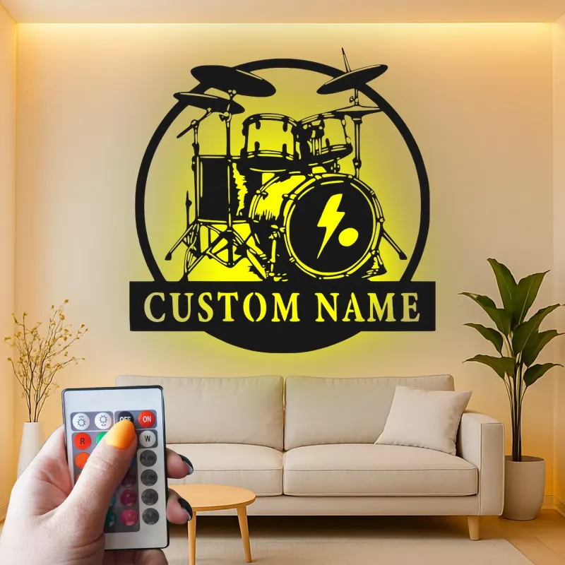 Custom Drum Set Led Light Metal Wall Art Personalized Musician Gift Studio or Music Room Decor 4