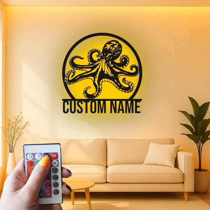 Décoration murale LED en métal pieuvre personnalisée | Plaque avec nom sur mesure | Déco nautique pour bureau et maison côtière | Cadeau pour amoureux de l’océan