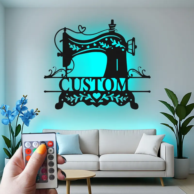 Individuelles Nähmaschinen-Schild | LED Metall-Wandkunst | Personalisierte Bastelzimmer-Dekoration für Schneiderinnen | Vintage Stil Namensschild